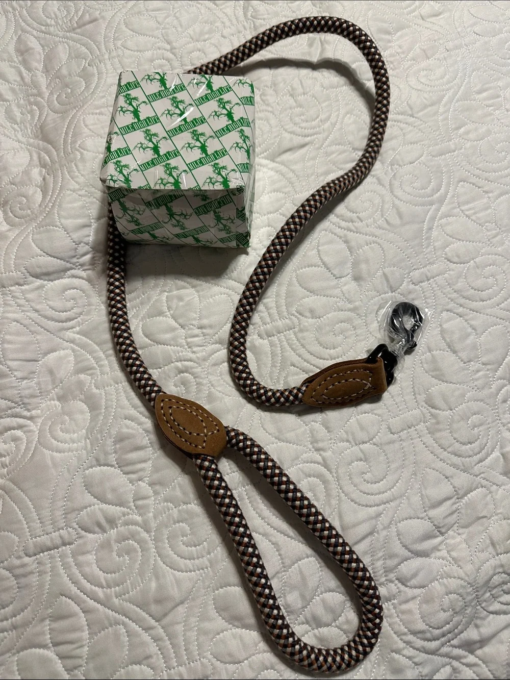 Braided Brown & White Rope Dog Leash with Leather Accents